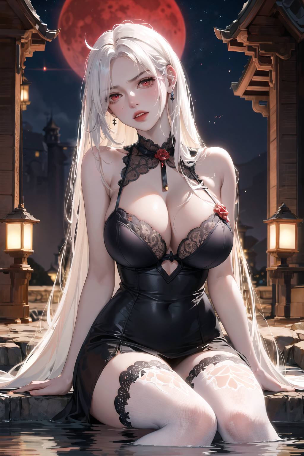 1girls ai_generated big_breasts curvaceous curvy_body curvy_female curvy_figure dress female hi_res high_resolution legwear lingerie long_hair moonlight red_moon seductive_eyes seductive_look stable_diffusion vampire vampire_girl white_hair