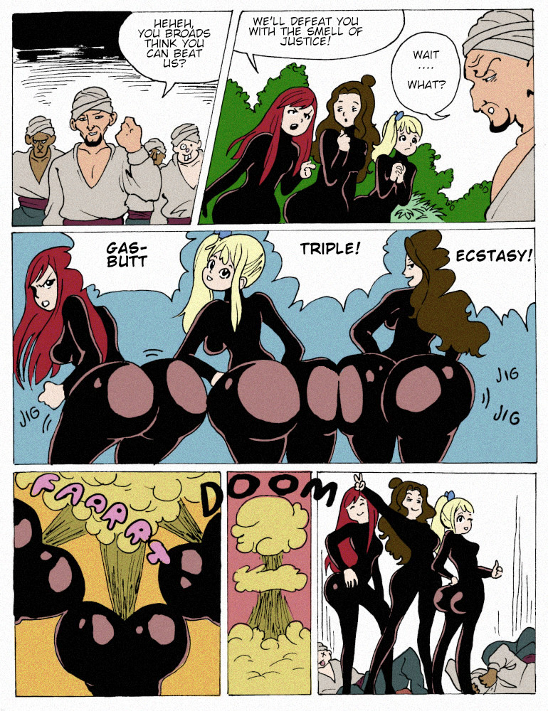 3girls bandit big_ass blonde_hair brown_hair cana_alberona comic erza_scarlet excessive_fart fairy_tail fart fart_cloud female female_only jiggle_butt_gang lucy_heartfilia multiple_males paiselytothemax red_hair skintight