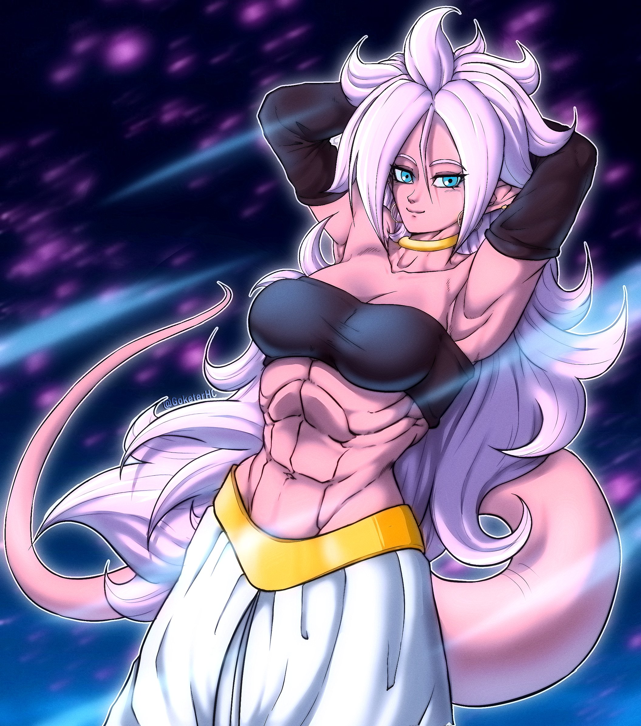 1girls, 2d, abs, android 21, android 21 (good), athletic, athletic female, belly button, bio-android (dragon ball), blue eyes, breasts, dragon ball, dragon ball fighterz, dragon ball z, female, fit, fit female, hoop earrings, looking at viewer, majin android 21, medium breasts, muscular, muscular female, navel, pink skin, pink-skinned female, pointy ears, seductive pose, six pack, smile, smiling, smiling at viewer, solo, solo female, spiked hair, spiky hair, tail, vomi (dragon ball), white hair