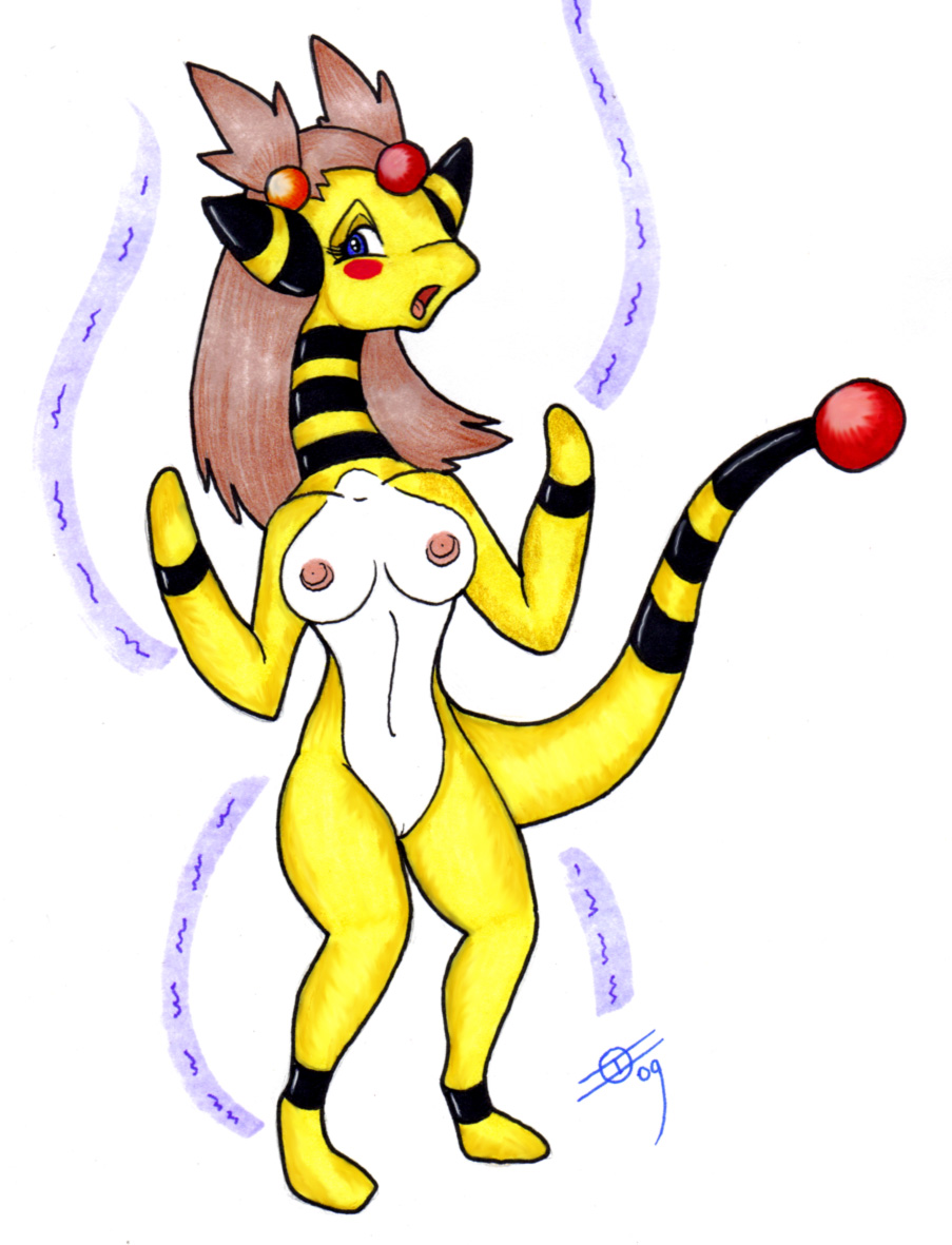 accessory after_transformation alternate_species ampharos anthro blue_eyes blush breasts brown_hair female generation_2_pokemon genitals gym_leader hair hair_accessory ivanks jasmine_(pokemon) long_hair long_neck mammal nintendo nipples nude open_mouth orb pokemon pokemon_(species) pussy simple_background solo standing stripes tail tongue white_background white_body yellow_body
