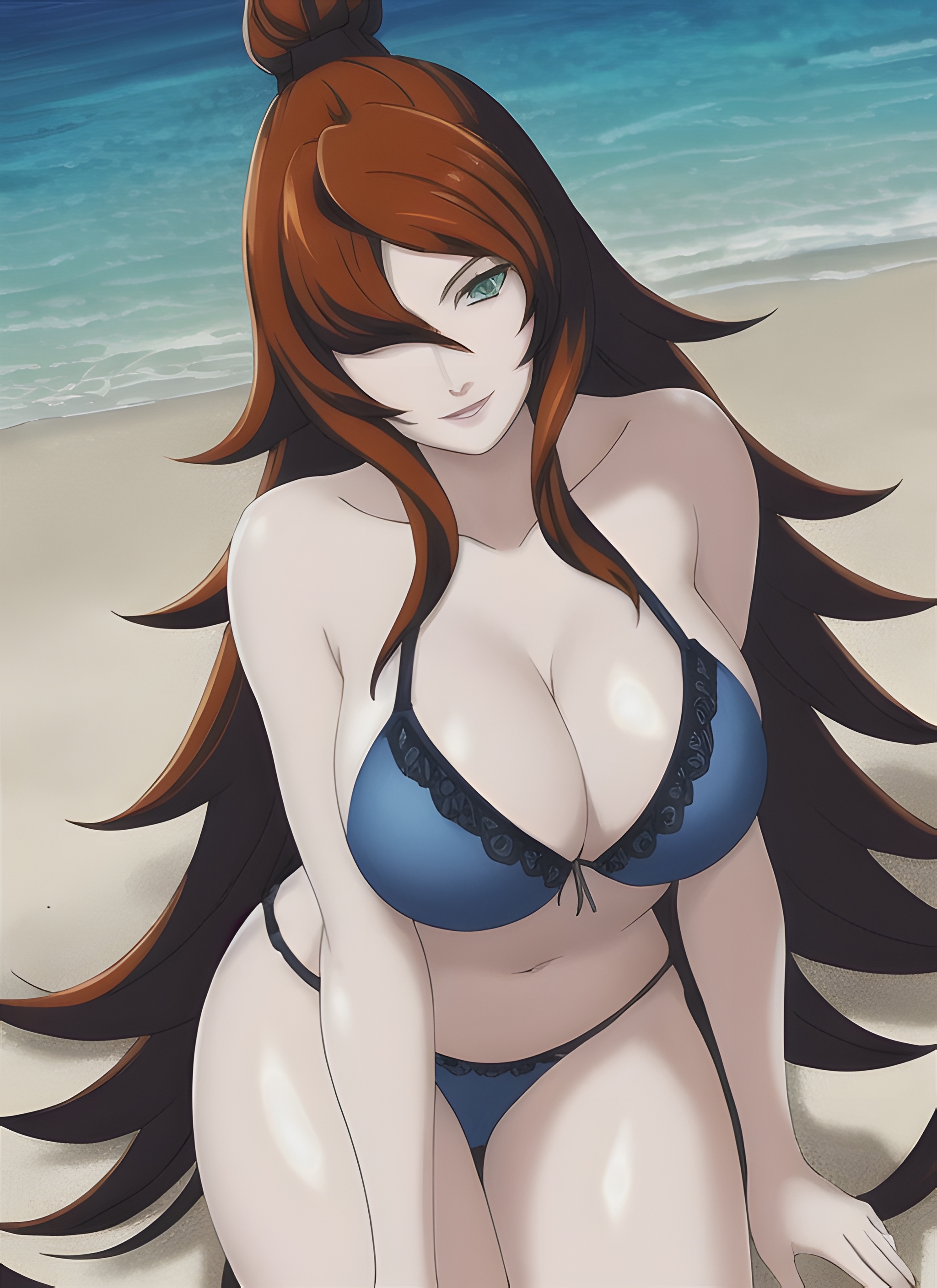 1girls, ai generated, big breasts, breasts, brown hair, busty, cleavage, female, female only, green eyes, hair bun, hair over one eye, lipstick, long hair, looking at viewer, makeup, mature, mature female, mei terumi, nai diffusion, naruto, naruto (series), naruto shippuden, smile, solo, solo focus, stable diffusion, topknot, very long hair, voluptuous, voluptuous female