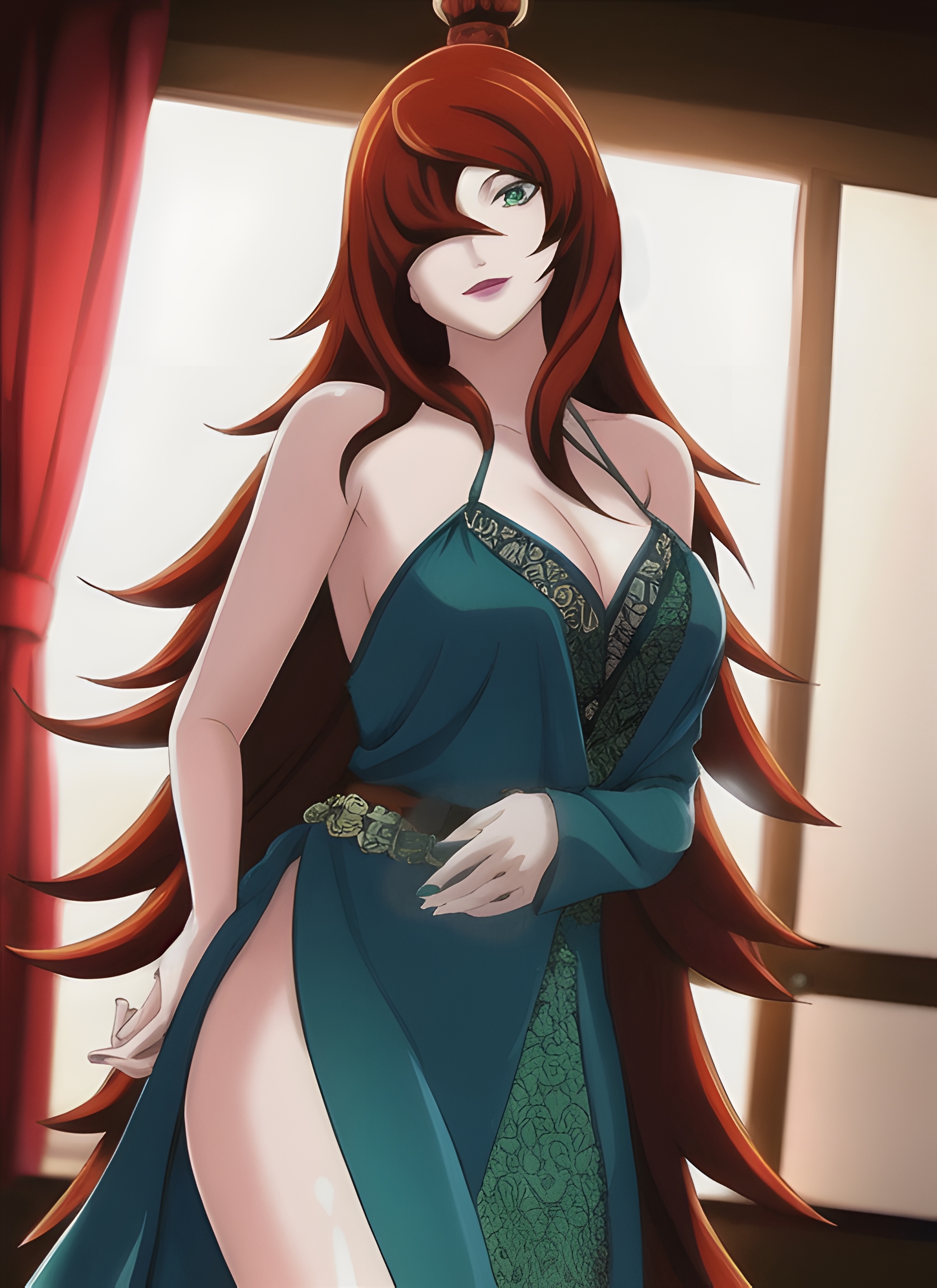 1girls, ai generated, big breasts, breasts, brown hair, busty, cleavage, female, female only, green eyes, hair bun, hair over one eye, lipstick, long hair, looking at viewer, makeup, mature, mature female, mei terumi, nai diffusion, naruto, naruto (series), naruto shippuden, smile, solo, solo focus, stable diffusion, topknot, very long hair, voluptuous, voluptuous female