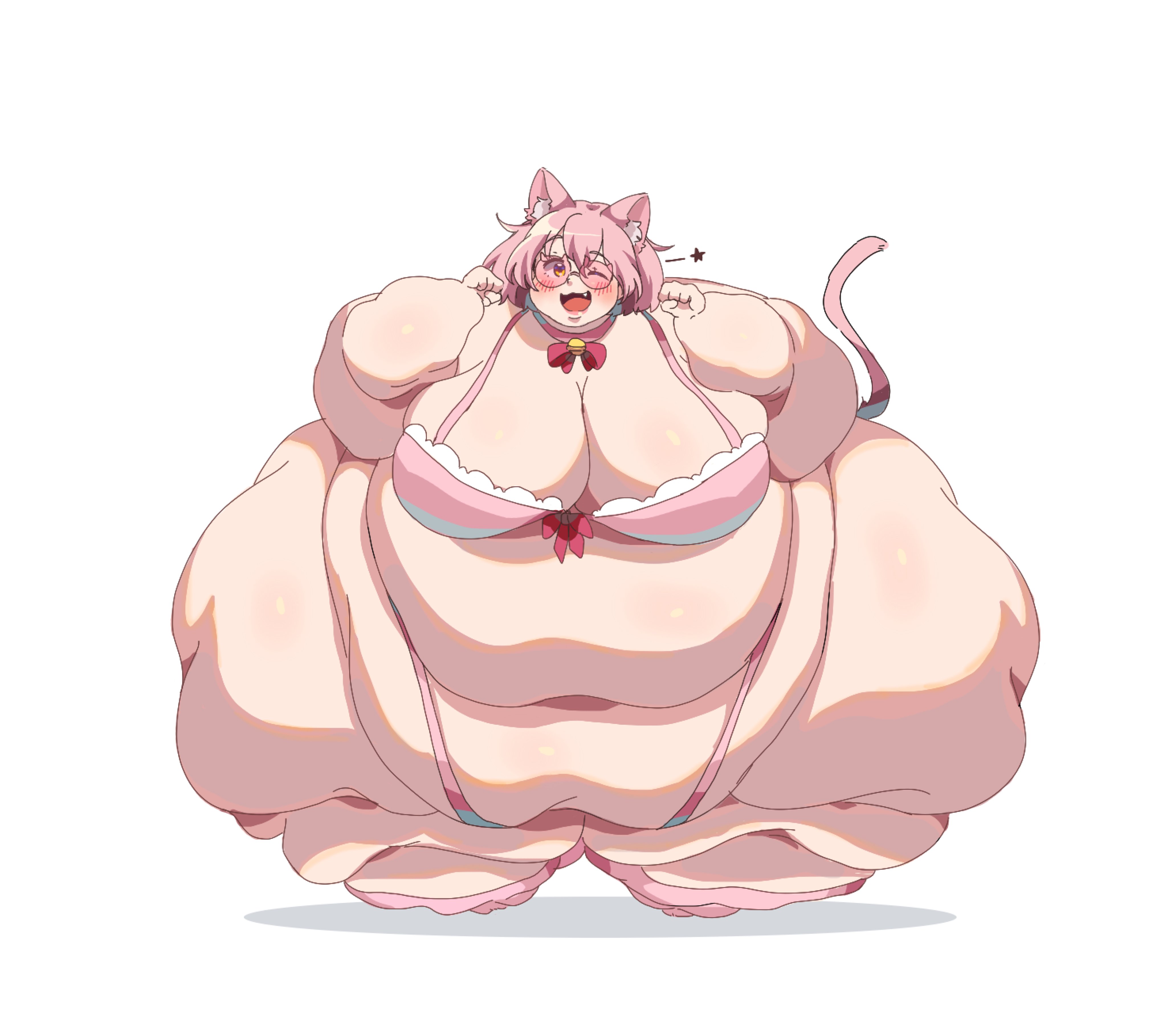 1girls, 2021, absurd res, absurdres, ass, bbw, bell, bell collar, belly fat, belly folds, belly overhang, big ass, big belly, big breasts, big butt, blush, blushing at viewer, bra, breasts, cat bell, cat ears, cat girl, cat pose, cat tail, catgirl, dasan24, digital art, digital drawing (artwork), digital media (artwork), fat, fat arms, fat ass, fat butt, fat fetish, female, female focus, female only, garter straps, hanging belly, hi res, high resolution, highres, huge ass, huge belly, huge breasts, huge butt, huge thighs, hyper ass, hyper butt, light skin, light-skinned female, obese, obese female, oerba yun fang, open eyes, open mouth, open smile, original, original character, pink bra, pink hair, pink socks, red ribbon, ribbon, sharp teeth, smile, smiling, smiling at viewer, ssbbw, star, star (symbol), thick ass, thick thighs, white background, wide ass, wide hips, wink, winking, winking at viewer, yellow eyes
