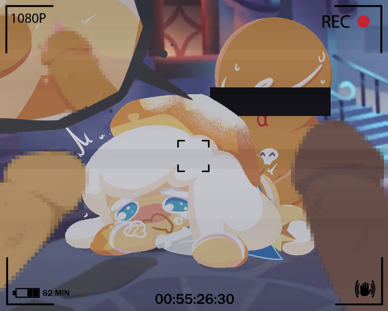 1girls, 3boys, blue eyes, cookie run, cream puff cookie, crying, crying with eyes open, female, gingerbrave, male, multiple boys, multiple males, no outlines, on floor, questionable consent, tagme, white hair