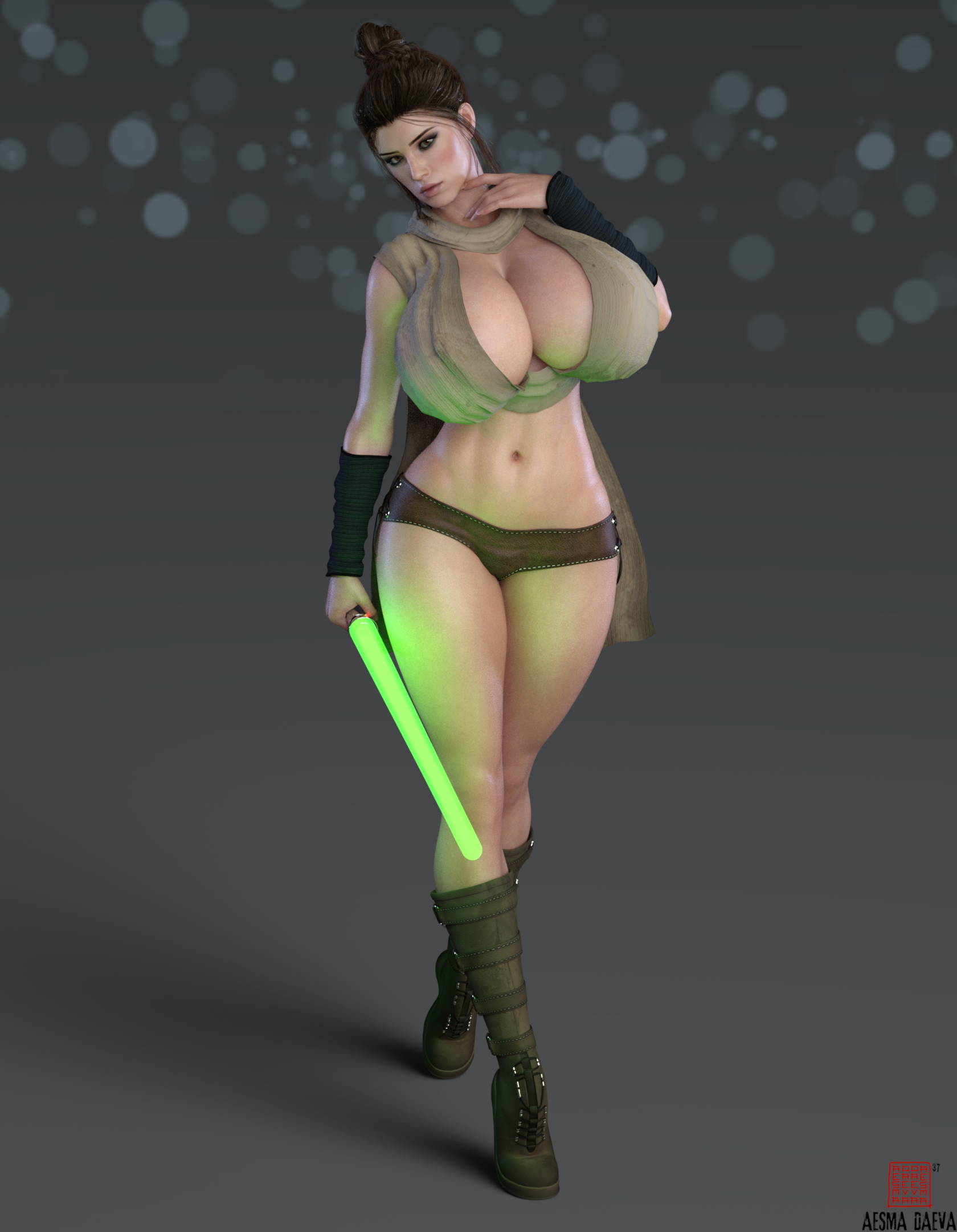 3d, aesmadaeva37, breasts, female, female only, full body, green lightsaber, huge breasts, lightsaber, rey, solo female, star wars