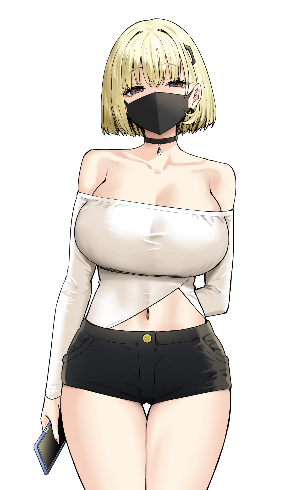 1girls, 2022, absurd res, arm behind back, bare shoulders, blonde hair, breasts, brown eyes, choker, cleavage, clothing, eyebrows visible through hair, face mask, female, female only, hair between eyes, hairclip, half-closed eyes, highres, himeko (sky (freedom)), holding phone, jewelry, large breasts, long fingernails, long nails, looking at viewer, mask, micro shorts, nail polish, navel, off shoulder, off-shoulder shirt, original, painted fingernails, painted nails, phone, shirt, short hair, short shorts, shorts, simple background, sky (freedom), smartphone, solo, standing, thick thighs, thigh gap, thighs, tight clothing, white background