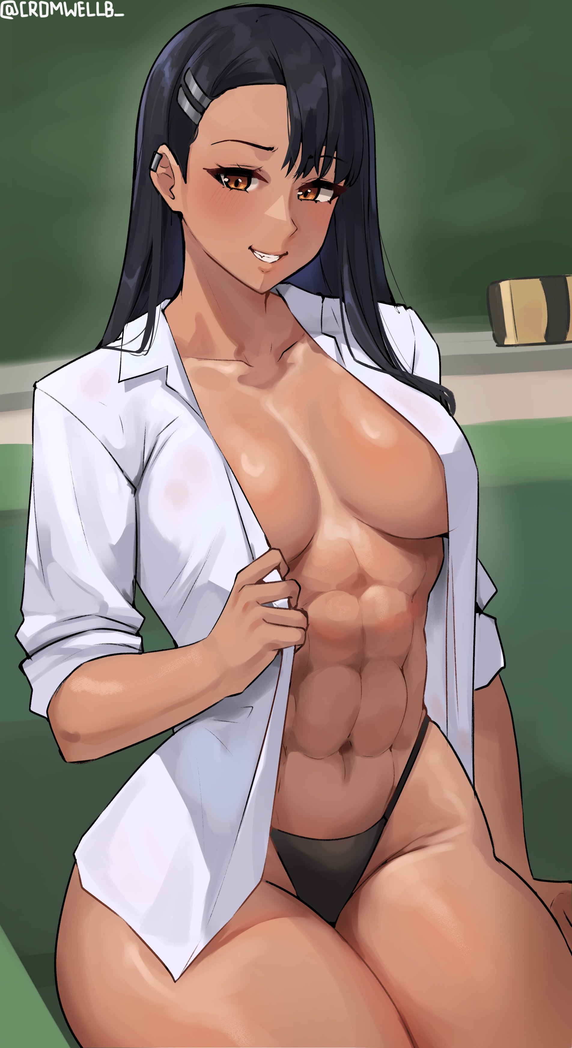 1girls, abs, amber eyes, athletic, athletic female, big breasts, black hair, breasts, brown eyes, busty, cleavage, cromwellb, ear piercing, female, female only, hayase nagatoro, large breasts, long hair, muscular, muscular female, navel, no bra, open shirt, please don't bully me, nagatoro, sensual, shirt, smile, tan, tan skin, tanned, thong, underboob