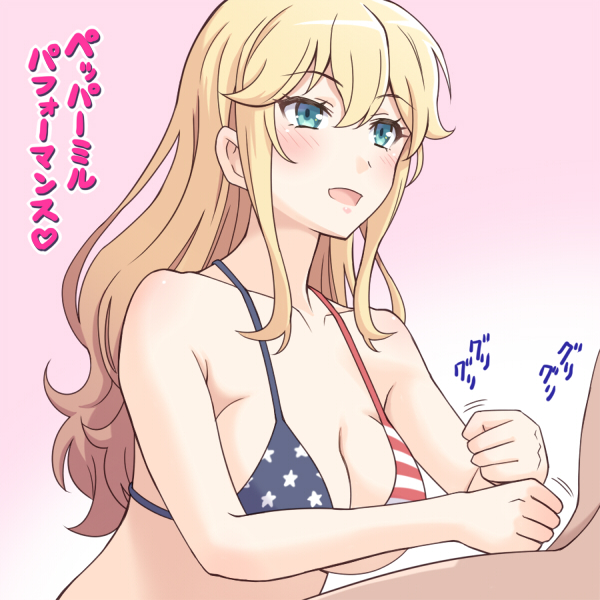 1boy american_flag_bikini bikini blonde_hair blue_eyes blush breasts cleavage collarbone female flag_print gradient_background hair_between_eyes handjob large_breasts long_hair looking_at_another meow_(nekodenki) open_mouth original smile solo_focus swimsuit translation_request upper_body wavy_hair