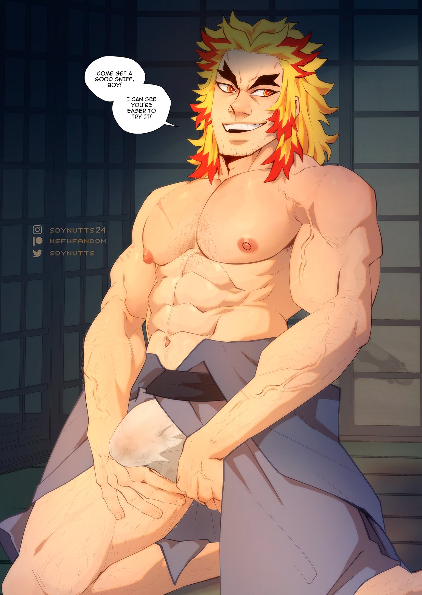 abs, beard stubble, big pecs, blonde hair, bulge, demon slayer, dialogue, dilf, flaccid, fundoshi, gay, gay male, inviting to sex, kimetsu no yaiba, kimono, male, male nipples, male only, muscular, muscular arms, muscular chest, muscular male, muscular thighs, nipples, on knees, orange eyes, penis, presenting bulge, rengoku shinjurou, serratus, serratus anterior, smiling, solo, solo male, soynutts, text, text bubble, two-tone hair, veins, veiny arms, yaoi