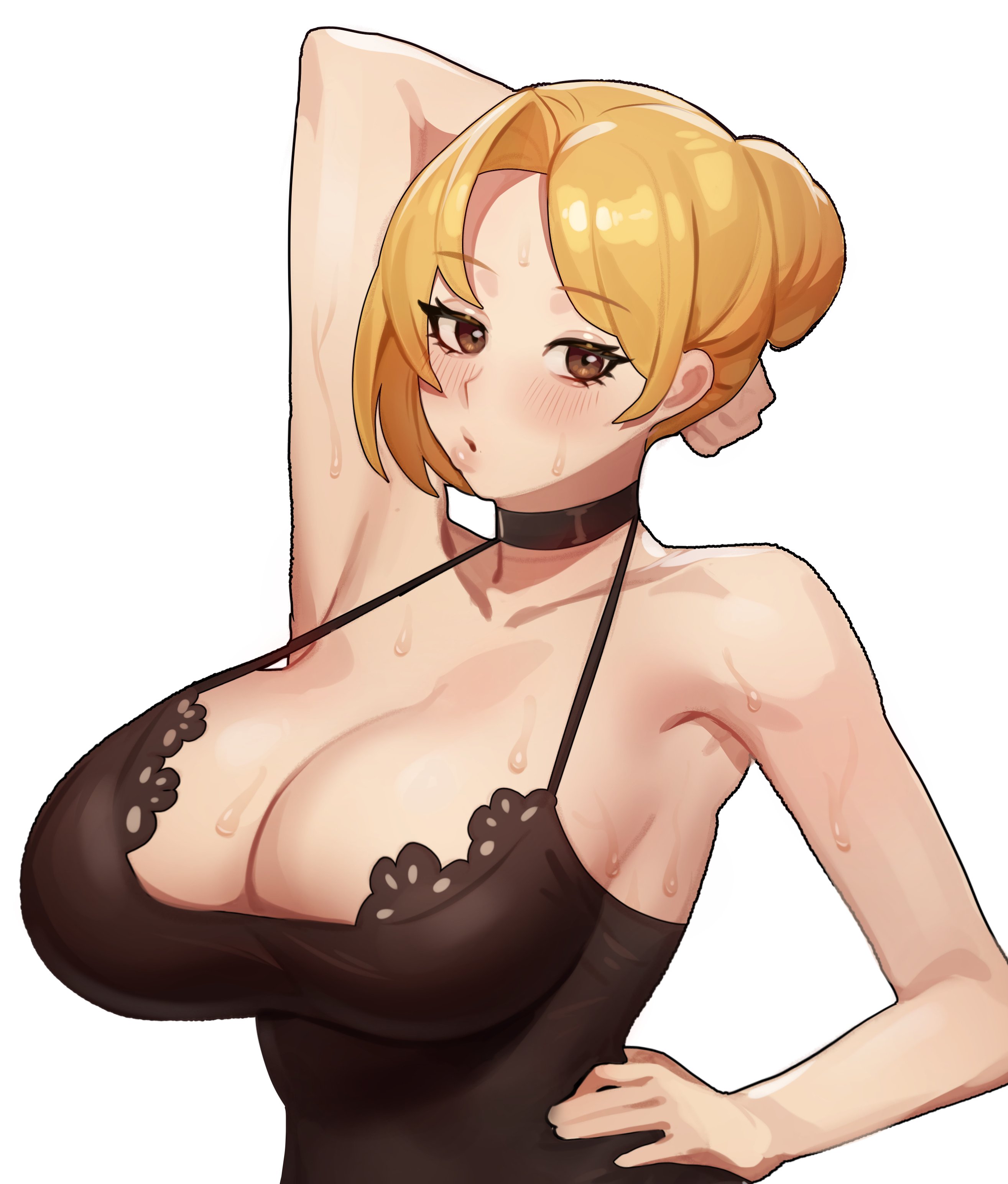 1girls, 2022, 5t (artist), absurd res, arm behind head, arm up, armpits, bare arms, bare shoulders, big breasts, black camisole, blonde hair, blush, breasts, brown eyes, busty, camisole, choker, cleavage, clothing, confident, eyebrows visible through hair, female, female only, hair bun, half-closed eyes, hand on hip, highres, large breasts, model pose, open mouth, original, original character, pose, posing, shirt, short hair, simple background, sleeveless, sleeveless shirt, solo, spaghetti strap, sweat, sweating, sweating profusely, tied hair, tight clothing, voluptuous, white background