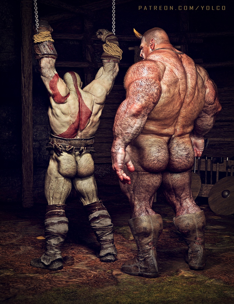 ass bald bald_man bara big_dom_small_sub big_muscles big_penis chained chains god_of_war hairy hairy_ass kratos male/male male_only muscular muscular_male nude orc restrained standing yolco