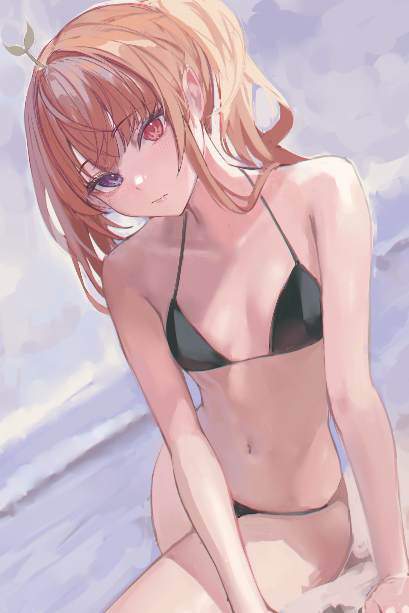 1girls bare_midriff bare_shoulders beach belly_button bikini black_bikini clothing doremii exposed_shoulders female flat_chest flat_chested ginga_elyka heterochromia human indie_virtual_youtuber looking_at_viewer midriff naokomama navel orange_hair pale_skin plant plant_on_head ponytail small_breasts solo solo_female solo_focus sprout swimsuit swimwear tied_hair virtual_youtuber