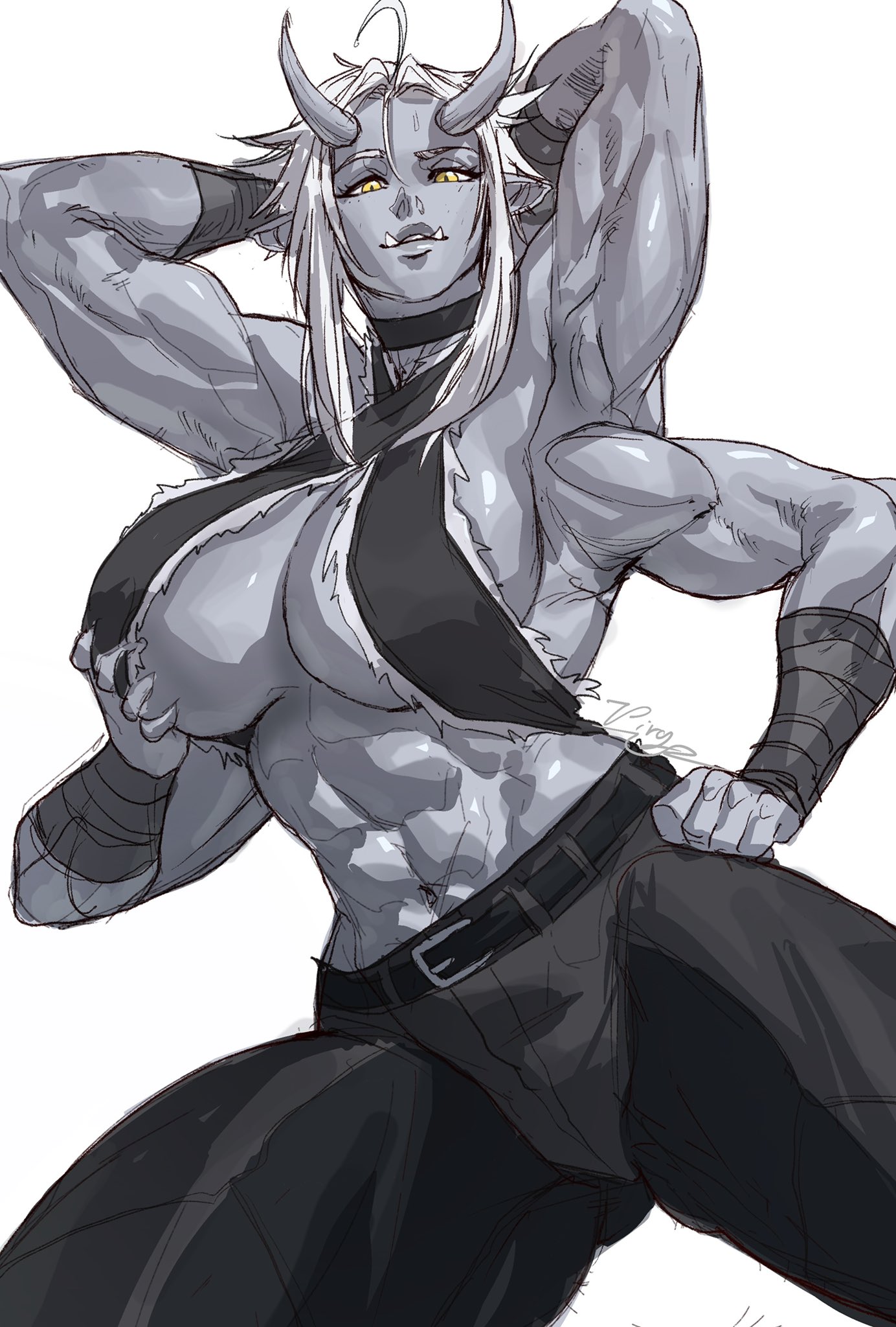 1girls, 4 arms, abs, armpits, arms up, belt, biceps, breasts, cleavage, cleavage cutout, female, green skin, hi res, horns, large breasts, multi arm, multi limb, muscular, muscular arms, muscular female, navel, oni, original, original character, sideboob, solo, virgoart1509, white hair, yellow eyes