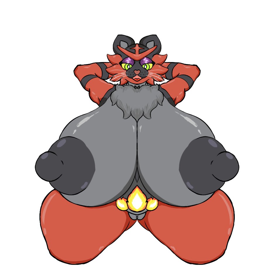 2022 anthro armpits belt black_nipples breasts breasts_bigger_than_head breasts_bigger_than_torso female female_incineroar female_only furry game_freak gatofashado green_eyes hands_behind_head hyper_areolae hyper_breasts hyper_nipples incineroar looking_at_viewer nintendo nipples pokemon pussy tiger tiger_ears tiger_girl tiger_tail tongue whiskers white_background