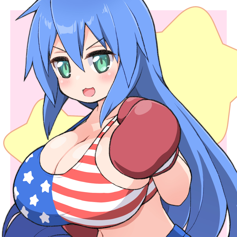 1girls alternate_breast_size american_flag american_flag_bikini big_breasts bikini blue_hair boxing boxing_gloves breasts cleavage cute cyan_eyes eyebrows_visible_through_hair female female_focus female_only gloves hair_between_eyes huge_breasts konata_izumi large_breasts light-skinned_female light_skin long_hair lucky_star navel open_mouth red_boxing_gloves red_gloves shirogane_hakuba solo solo_female sports_bikini star star_(symbol)