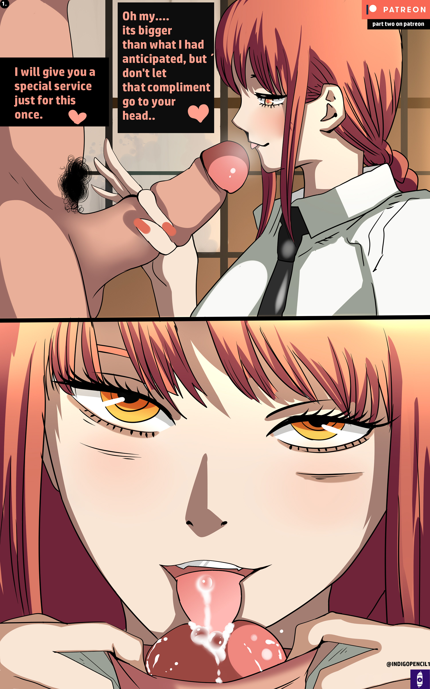 big penis, blowjob, chainsaw man, clothed female nude male, comic, fellatio, female, femdom, handjob, indigopencil, licking penis, makima (chainsaw man), male, patreon, penis, pubic hair, red eyes, red hair, twitter, two-finger handjob