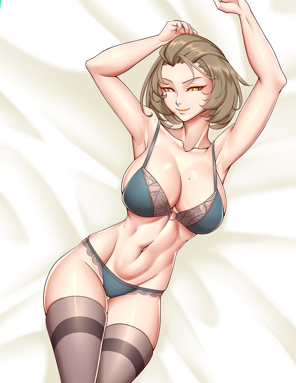 1girls alternate_costume bed_sheet belly_button blonde_hair bra breasts cleru_(cleruuuuu) female female_only fire_emblem fire_emblem:_three_houses light-skinned_female light_skin manuela_casagranda nintendo panties solo white_bed_sheet yellow_eyes