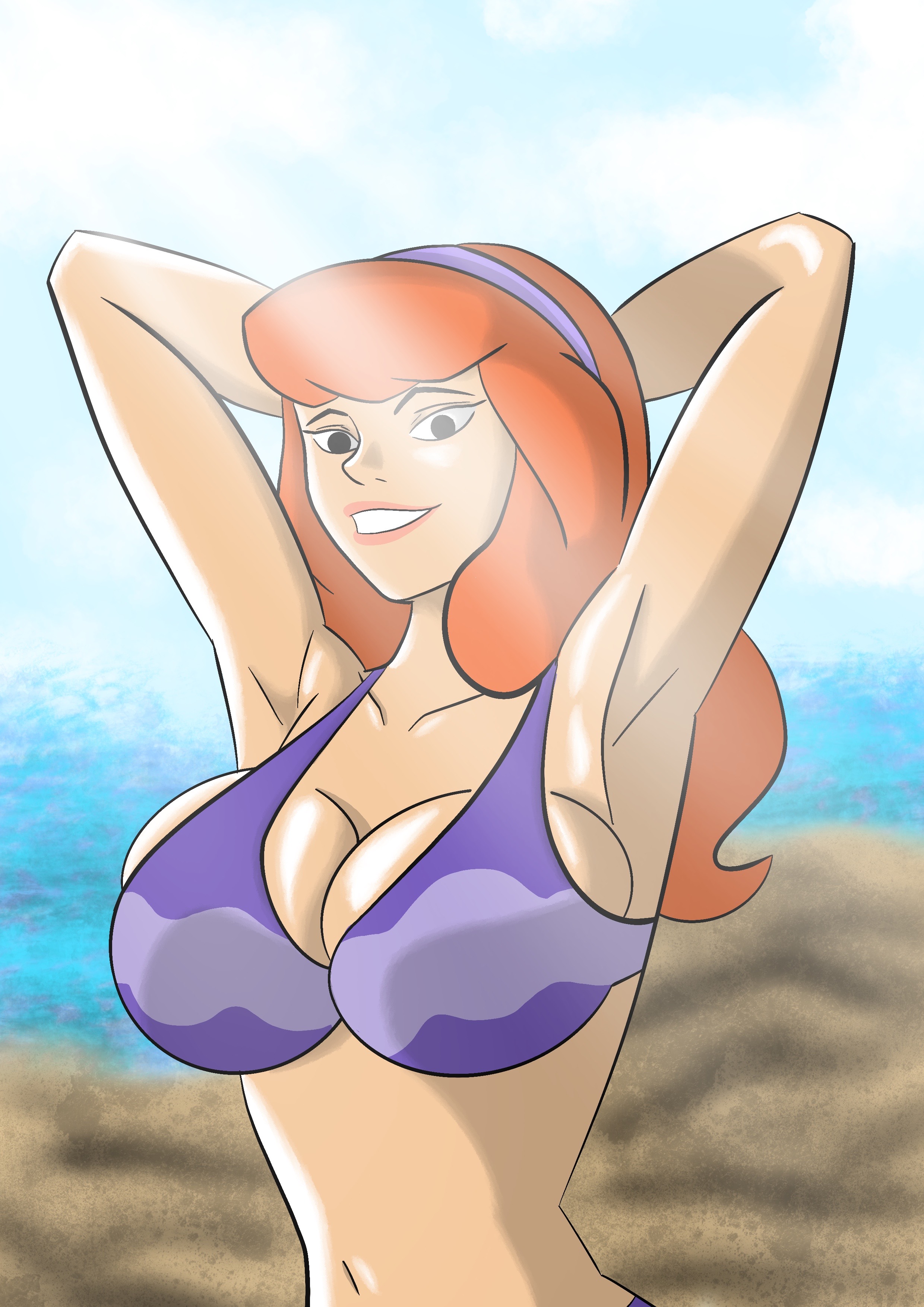 1girls, against glass, armpits, arms behind head, big breasts, bikini, breast press, breasts, cleavage, daphne blake, drake95, female, female only, huge breasts, purple bikini, red hair, scooby-doo, swimsuit