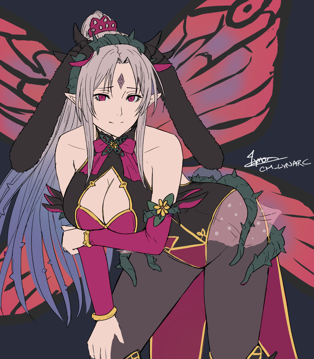 1girls alternate_costume alternate_version_available breasts bunny_ears bunny_girl bunnysuit cleavage cleavage_cutout cm_lynarc fairy fairy_wings female female_only fire_emblem fire_emblem_heroes grey_hair large_breasts leaning_forward leotard long_hair looking_at_viewer multicolored_hair nintendo pantyhose plumeria_(fire_emblem) pointy_ears ponytail red_eyes see-through smile solo very_long_hair wings