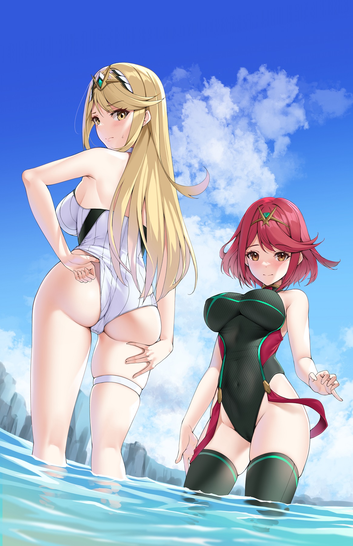 2girls, alternate costume, breasts, clothed, female, female only, looking at viewer, matriks, mythra, nintendo, pyra, sideboob, xenoblade (series), xenoblade chronicles (series), xenoblade chronicles 2