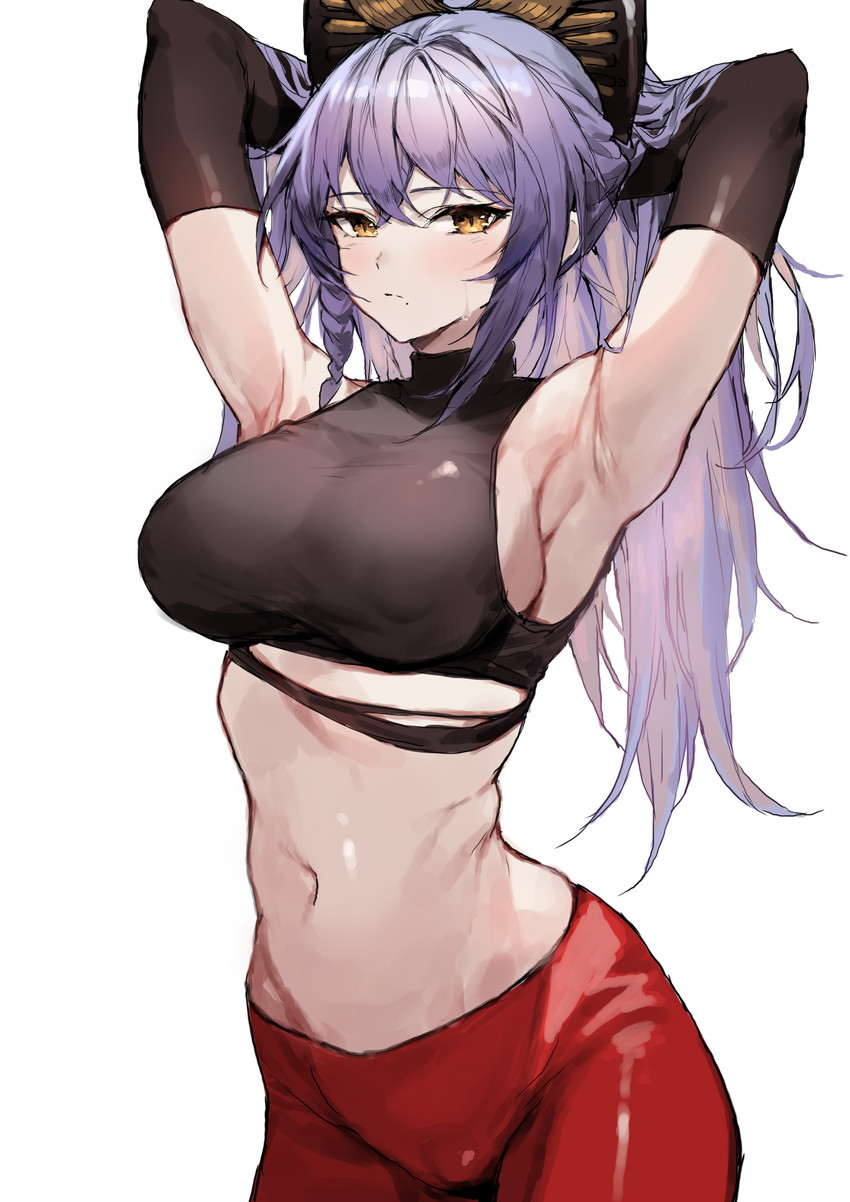 1girls 2023 :/ absurd_res akafuyu_(arknights) arknights armpits arms_above_head arms_behind_back arms_behind_head arms_up bare_shoulders belly belly_button big_breasts blush braided_hair breasts busty cameltoe clothed clothed_female cowboy_shot curvaceous curvy elbow_gloves female female_only gloves hair_ornament hands_in_hair highres huge_breasts large_breasts leather_pants light-skinned_female light_skin long_hair looking_at_viewer mole mole_under_mouth molyb navel pants purple_hair ribs seductive seductive_eyes seductive_look seductive_pose shiny_breasts shiny_clothes shiny_legs shiny_skin shirt side_braid simple_background solo solo_female standing stomach sweat sweatdrop very_long_hair voluptuous waist wasp_waist white_background yellow_eyes