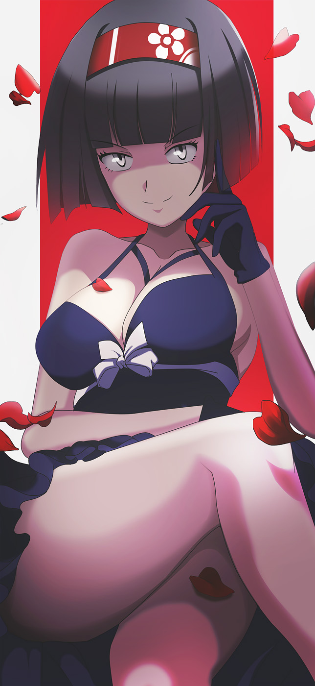 1girls, 2021, big breasts, black hair, breasts, cleavage, crossed legs, dress, erika (pokemon), female, flower petals, gloves, grey eyes, gym leader, hairband, hand on chin, hand on head, nintendo, petals, pokemon, pokemon rgby, short hair, sitting, smile, solo, thick thighs, thighs, vivivoovoo