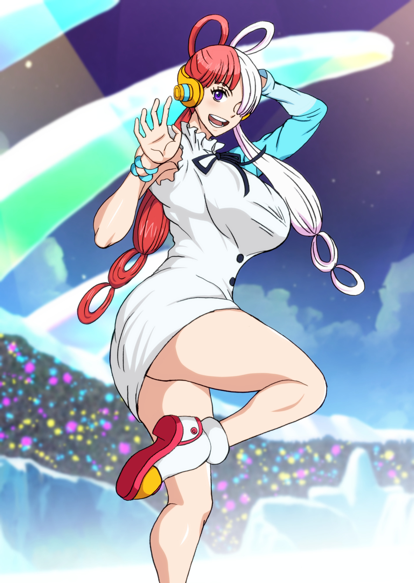 1girls, big breasts, blush, bracelet, breasts, busty, female, female only, looking at viewer, multicolored hair, naruho, one piece, purple eyes, red and white hair, red hair, red-haired female, smile, smiling at viewer, two-tone hair, uta (one piece), voluptuous, voluptuous female, white dress, white hair, white-haired female