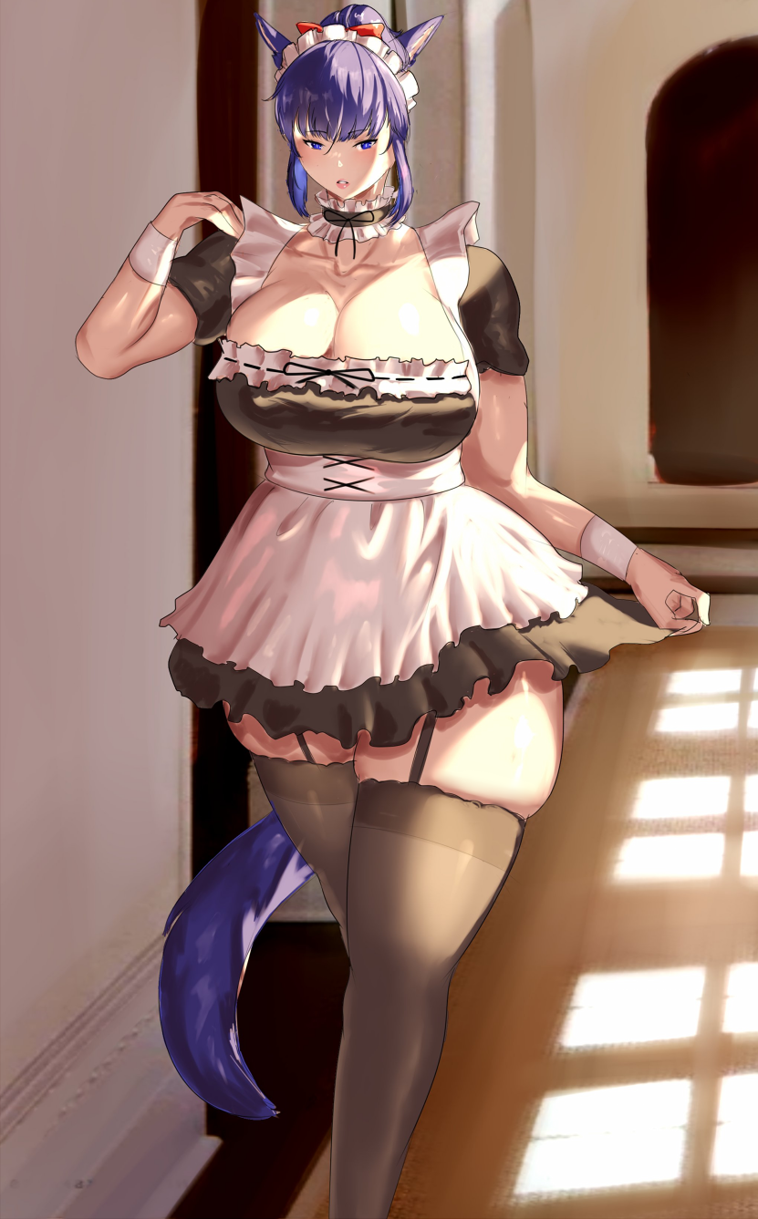 1girls big_breasts blue_eyes blue_hair breasts cat_ears cat_tail catgirl collar detective_nanama final_fantasy final_fantasy_xiv hair_ribbon maid maid_collar maid_headdress maid_outfit maid_uniform milf miqo'te mother nanama_kha ponytail square_enix thick_thighs thighhighs