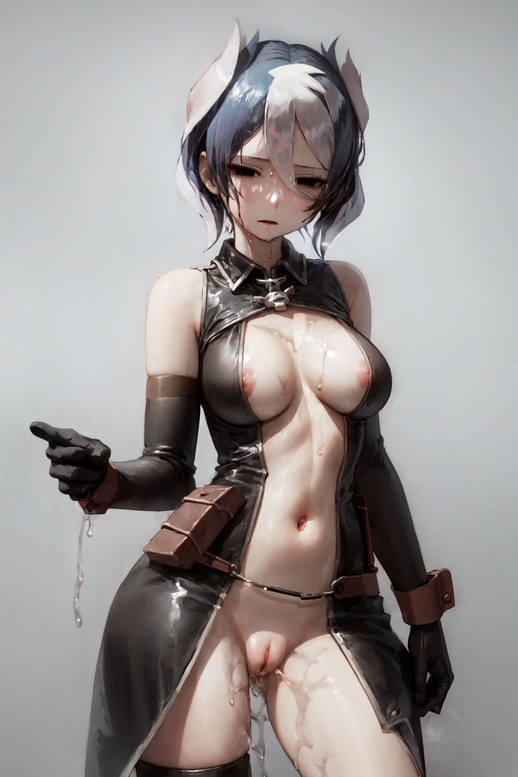 ai generated, bare shoulders, black and white hair, black eyes, black gloves, black hair, bodily fluids, breasts, elbow gloves, female, female only, gloves, hairless pussy, inner sideboob, light skin, light-skinned female, looking at viewer, made in abyss, medium breasts, nipple slip, no bra, no panties, ozen, pale skin, pale-skinned female, pointing, pointing at viewer, pussy, pussy juice, shaved pussy, short hair, solo, two-tone hair, uncensored, wet skin, wide hips