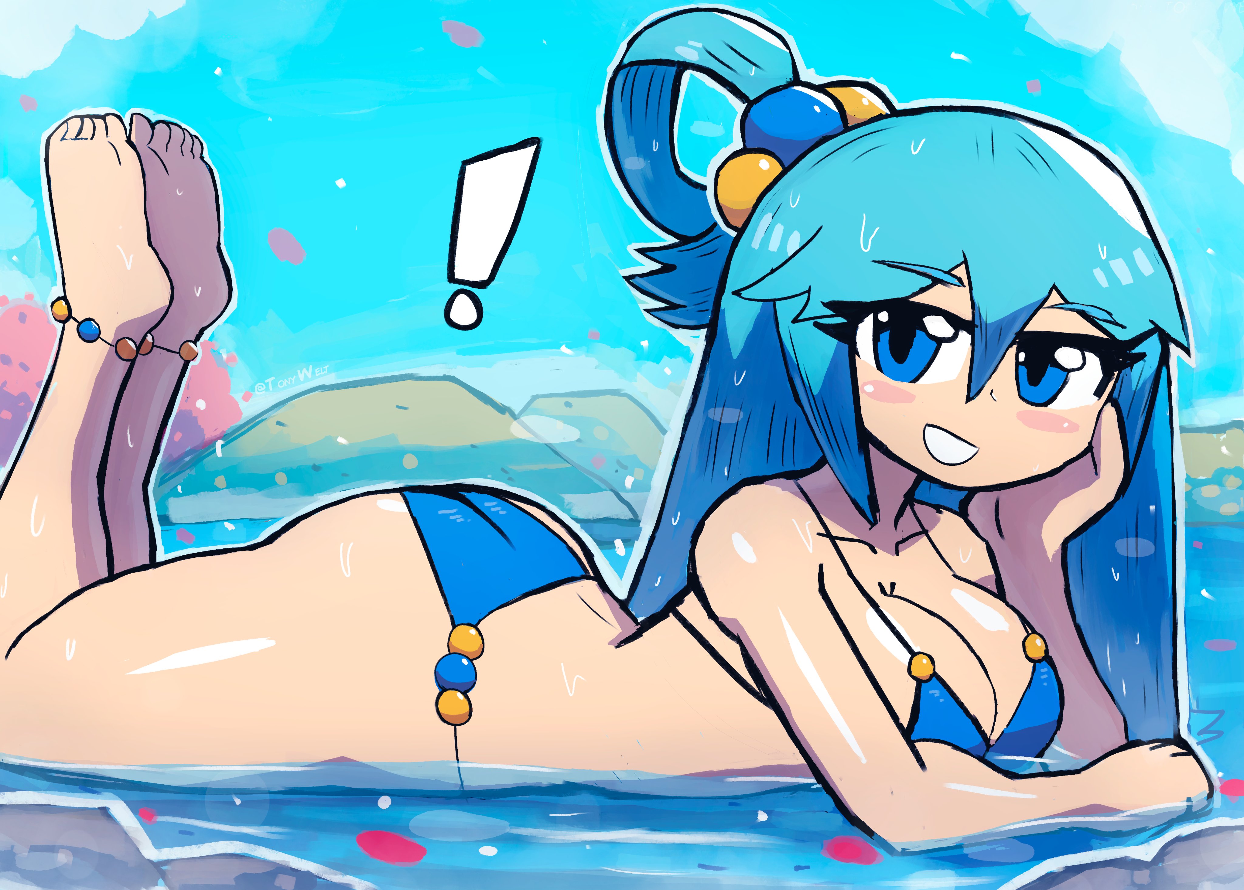 aqua (konosuba), ass, breasts, female, female only, kono subarashii sekai ni shukufuku wo!, laying on stomach, solo, tagme, tony welt