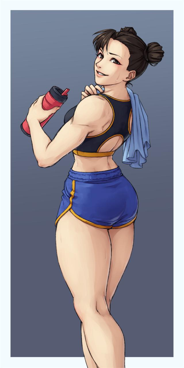 1girls athletic athletic_female bottle chun-li female female_only fully_clothed light_skin looking_back monorus shorts smile solo street_fighter tied_hair workout_clothes