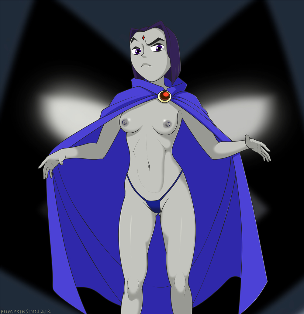 anaxus, breasts, cloak, dc, dc comics, female, flashing, flashing breasts, naked, nipples, nude, pumpkinsinclair, rachel roth, raven (dc), solo, solo female, standing, teen titans, thong