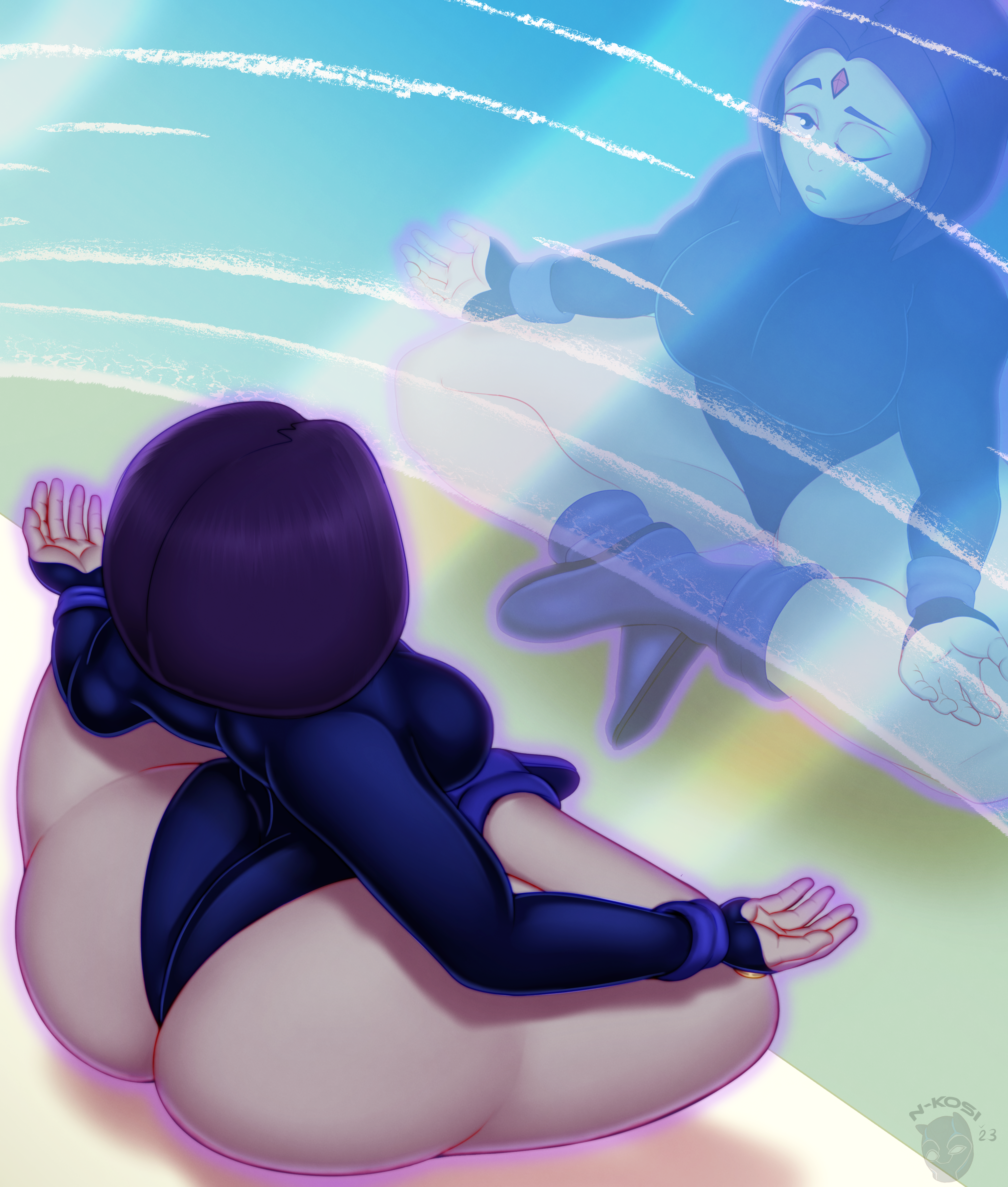 1girls, ass, big ass, big breasts, boots, breasts, bubble butt, clothing, dc, dc comics, fat ass, female, female only, grey skin, huge ass, large ass, large filesize, leotard, looking at viewer, meditation, n-kosi, n-kosi (coloring), one eye open, purple eyes, purple hair, rachel roth, raven (dc), reflection, sitting, solo, superheroine, teen titans, thick ass, thick thighs, water, wide hips