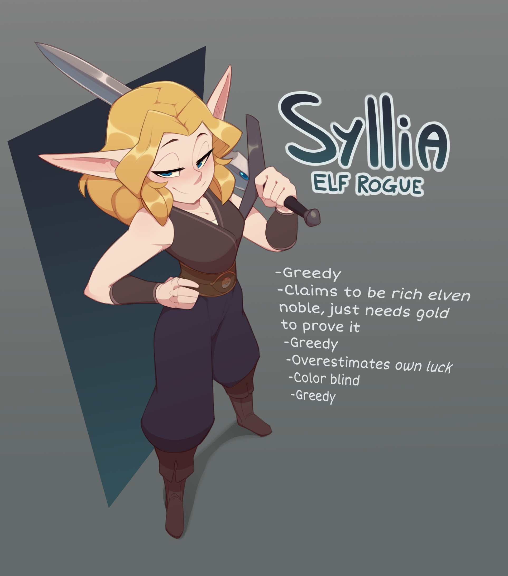 1girls, blonde hair, blue eyes, character sheet, elf, elf ears, elf female, english text, fantasy, female, female only, hand on hip, hi res, huffslove, long hair, looking at viewer, narrowed eyes, original, smiling, smiling at viewer, smug, solo, sword, syllia (huffslove), weapon over shoulder