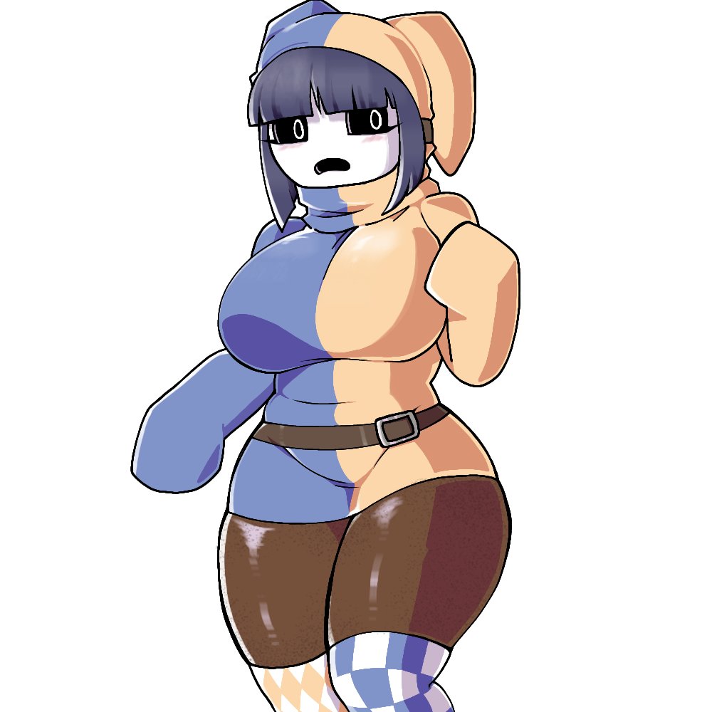 1girls, bangs, belt, blush, breasts, dark skin, dark-skinned female, duomi (kalmoire), fan character, female, jester, jester cap, large breasts, mario (series), mask, nintendo, oc, purple hair, quackanz, shy gal, simple background, sole female, solo, thick thighs, thighhighs, thighs, voluptuous, white background