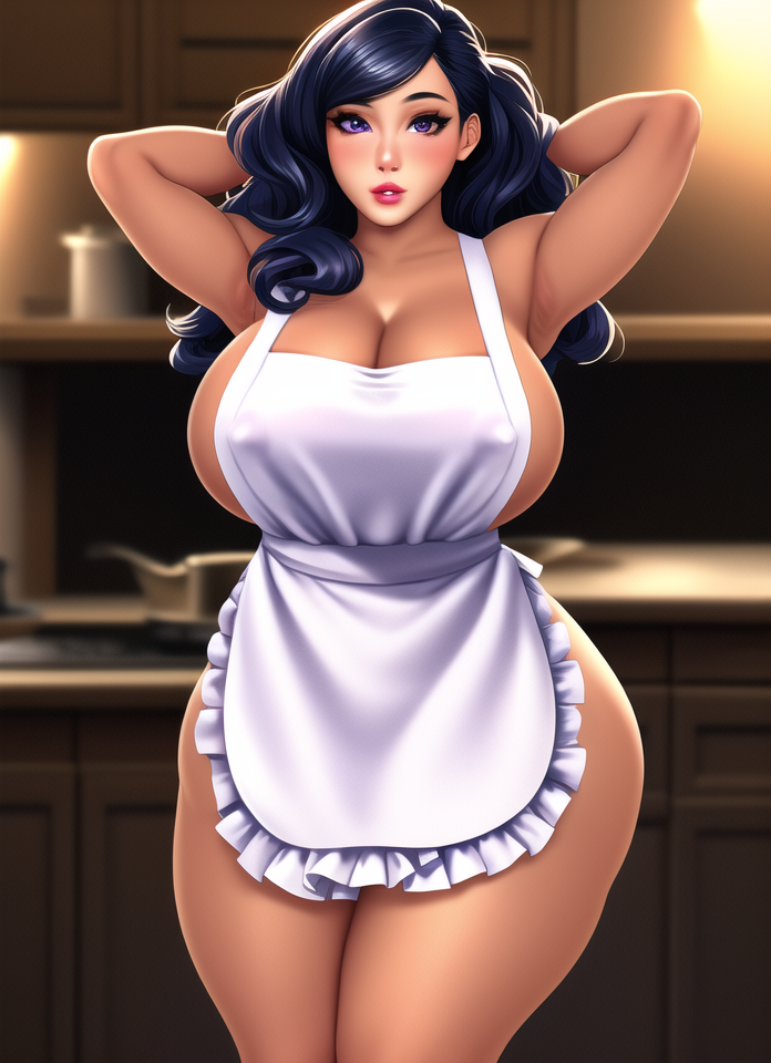 1girls ai_generated apron black_hair blue_eyes blush breasts cabinet cleavage counter covered_nipples curvy huge_breasts indoors kitchen large_ass large_breasts lips long_hair looking_at_viewer milf naked_apron novelai original parted_lips solo stable_diffusion stove tan-skinned_female tan_skin thick_lips thick_thighs thighs voluptuous wavy_hair white_apron wide_hips