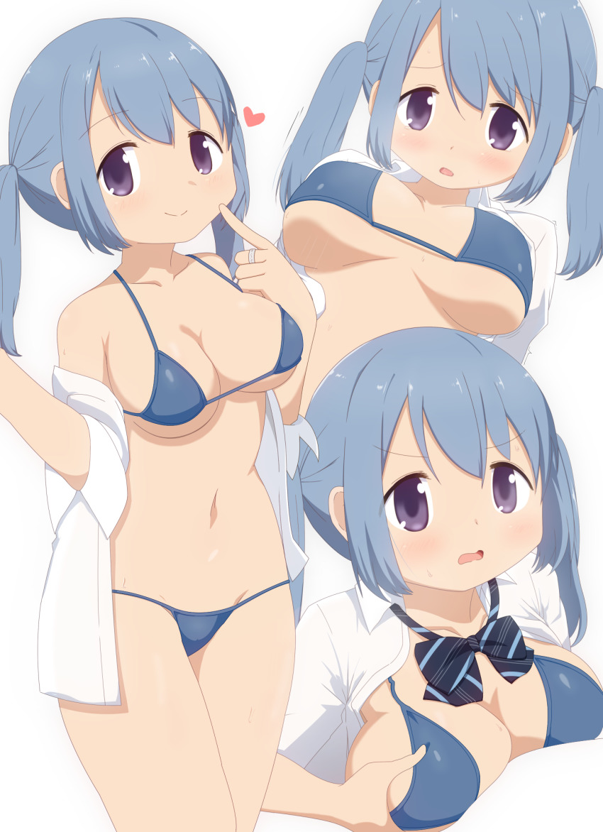 1girls bikini blouse blue_eyes blue_hair boobs bow bowtie breast_grab breasts curvaceous curvy female highres human human_only karcher kasane_ao large_breasts looking_at_viewer magia_record:_mahou_shoujo_madoka_magica_gaiden mahou_shoujo_madoka_magica multiple_views navel open_clothes open_shirt puella_magi_madoka_magica purple_eyes shirt smile swimsuit teenage_girl teenager twintails young