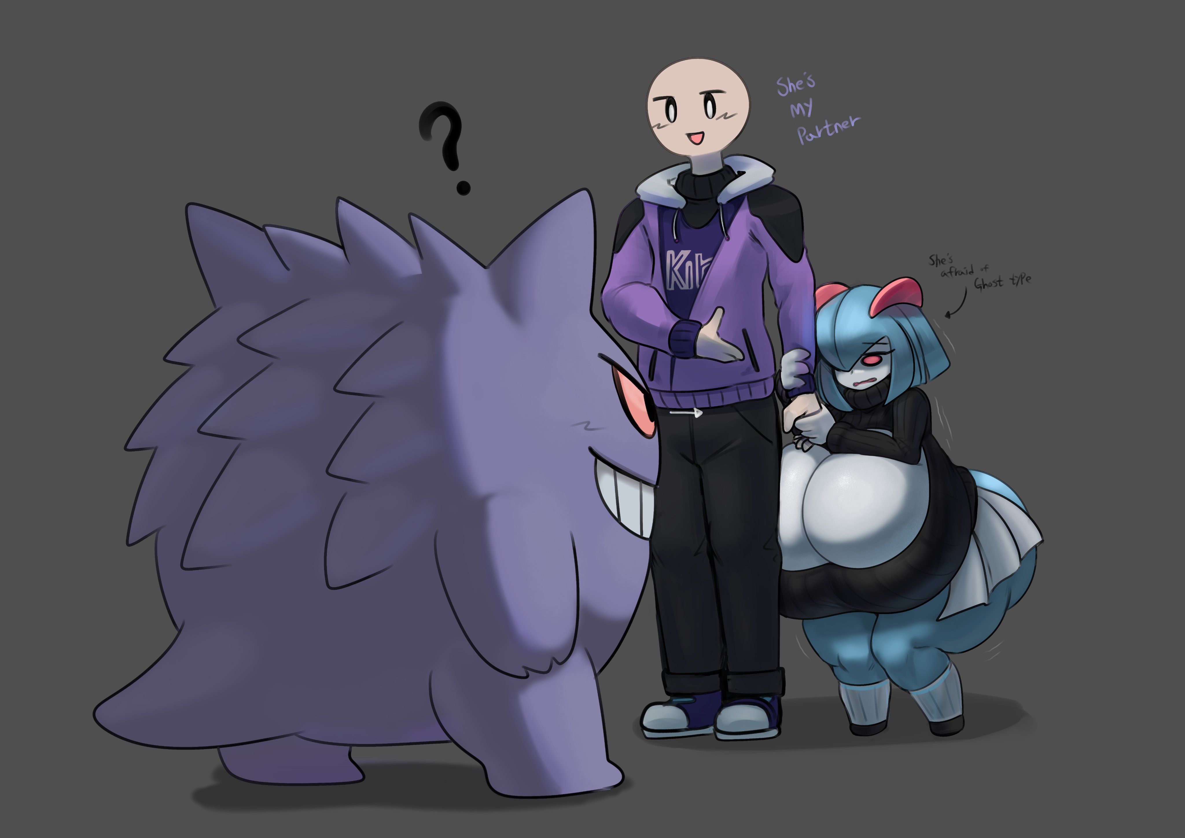 anthro, ass, barely contained, barely contained breasts, big breasts, breasts, ellia (yboon), female, gengar, gigantic breasts, gipehtyboon, huge ass, huge breasts, hyper breasts, kirlia, pokémon (species), pokemon, pokemon (species), scared, shortstack, thick thighs, yboon