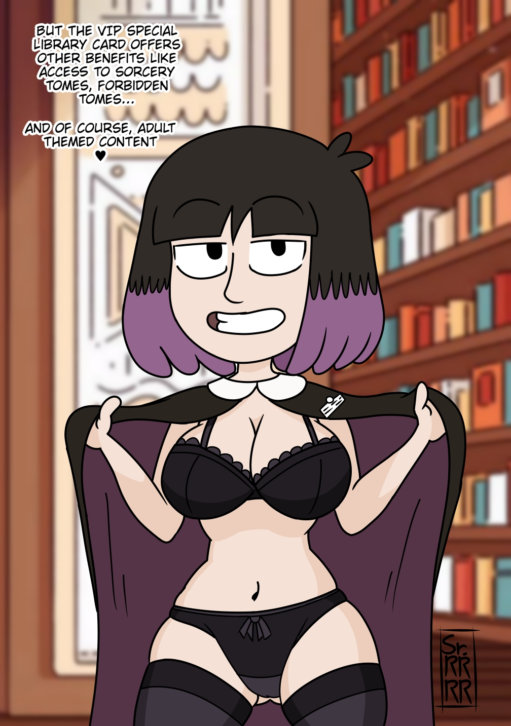 big_breasts black_bra black_cape black_eyes black_hair black_panties black_thong black_underwear bra breasts cape dialogue dialogue_bubble english_text female hilda_(series) kaisa_(hilda) large_breasts looking_at_viewer navel pale-skinned_female pale_skin panties png purple_cape purple_hair smile smiling smiling_at_viewer sr_r18nsfw text thighhighs thighs thong two_tone_cape two_tone_hair underwear voluptuous voluptuous_female wide_hips