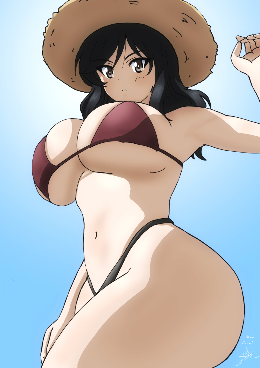 belle_(girls_und_panzer) belly_button black_hair blush closed_mouth hand_on_leg legs legs_spread looking_at_viewer navel red_bikini_top straw_hat thick_thighs thighs