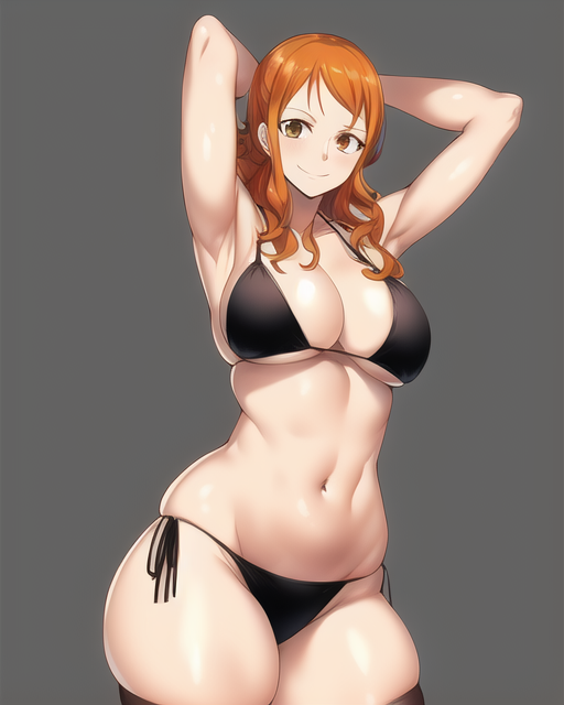 ai generated, artist request, bikini, black bikini, female, female only, nami (one piece), one piece, orange hair, post-timeskip, tagme