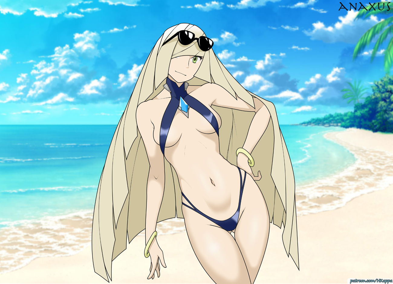 anaxus, armpits, beach, breasts, female, lusamine (pokemon), nintendo, pokemon, pokemon sm, posing, standing, sunglasses, sunglasses on head, swimsuit, thong, thong bikini
