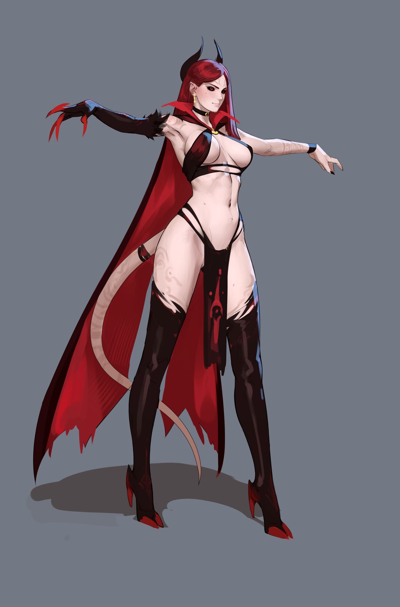 1girls armband cape clawed_fingers claws earrings female high_heels highres horn lili_(tarakanovich) loincloth looking_away medium_breasts mistveil original red_cape red_eyes red_hair solo solo_female stockings tagme tail tarakanovich tattoo