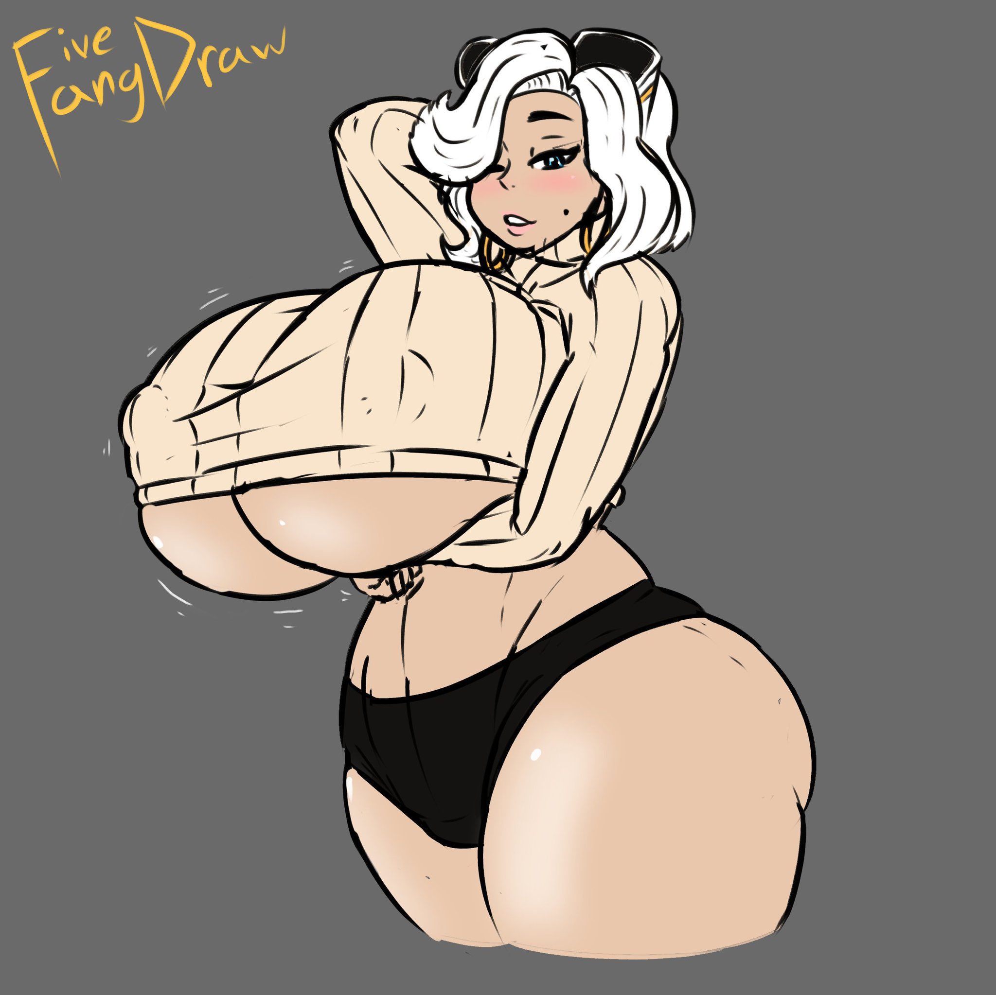 1girls, 2021, ass, big ass, big breasts, breasts, busty, clothing, ear piercing, earrings, female, female only, gokusenpai, hair over one eye, huge breasts, large breasts, looking at viewer, nipple bulge, panties, piercing, solo, space left, sunglasses, sunglasses on head, tanya (space left), thick thighs, top heavy, underboob, white hair, wide hips