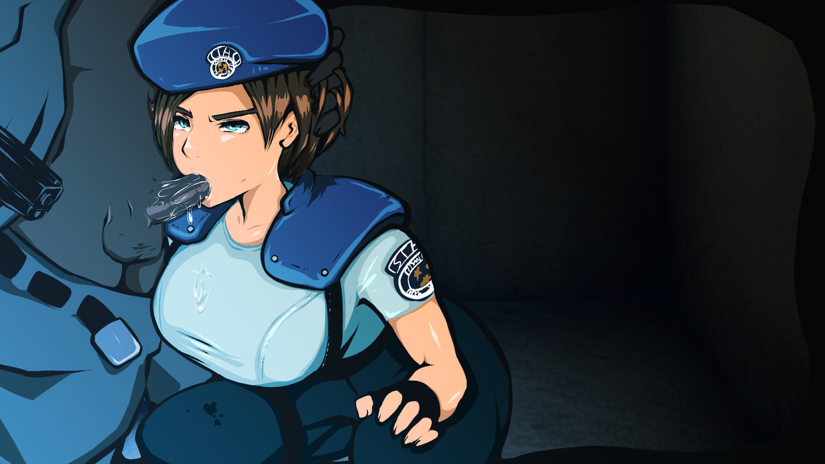 1boy, 1girls, 2d, beret, blowjob, capcom, defeated, defeated heroine, drool, drooling, faceless male, fellatio, female, forced, forced oral, hman, indoors, jill valentine, male, oral, oral sex, police, police officer, police uniform, policewoman, rape, resident evil, saliva string, short hair, straight, uncomfortable