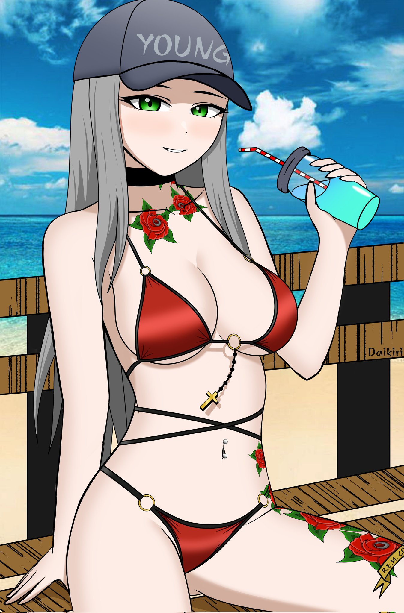 1girls, ass visible through thighs, beach, beach background, belly piercing, cap, chigusa (fortnite), choker, daikiri di mon, drink, female, fortnite, fortnite: battle royale, green eyes, grey hair, looking at viewer, pierced belly button, red bikini, rose tattoo, tattoo