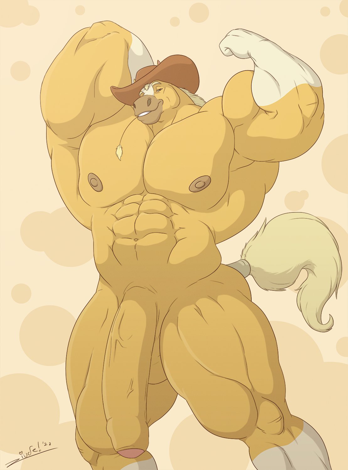 2023 abs anthro areola austin_(juano) balls biceps big_balls big_muscles big_penis clothing cowboy cowboy_hat digital_media_(artwork) equid equine eyebrows flaccid flexing flexing_bicep foreskin fur genitals glans hat hat_only headgear headgear_only headwear headwear_only hi_res horse huge_cock humanoid_genitalia humanoid_penis juano long_penis male mammal mostly_nude muscular muscular_anthro muscular_male muscular_thighs navel nipples pecs penis pinup pose quads smile solo teeth thick_thighs vein veiny_penis yellow_body yellow_fur