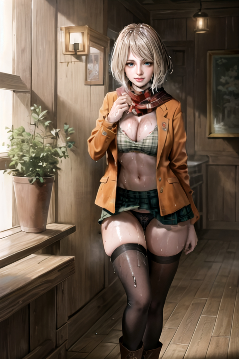 ai generated, ashley graham, ashley graham (ella freya), belly, black legwear, black panties, blonde hair, blue eyes, bra, female, midriff, miniskirt, panties, resident evil, resident evil 4, resident evil 4 remake, skirt, sweat, sweatdrop, thick thighs