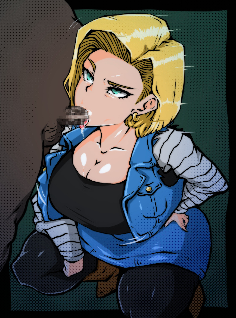 1boy, 1girls, 2d, android, android 18, android girl, blonde hair, blowjob, breasts, bubble, cheating, clothed sex, color, dark skin, dark-skinned male, deepthroat, disinterested, dragon ball, dragon ball z, emotionless, expressionless, faceless male, fat male, fellatio, female, hman, huge breasts, light skin, light-skinned female, male, netorare, oral, oral sex, robot, robot girl, short hair, simple background, squatting, straight, uninterested