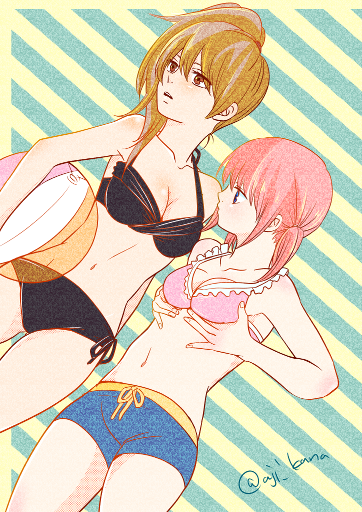 2girls age_difference ajikana alternate_costume beachball bikini bikini_top black_bikini breast_envy breast_grab brown_hair canon_genderswap cleavage comparing dutch_angle female female_only frilled_bikini frills genderswap_(mtf) gintama grabbing_own_breast kagura_(gintama) medium_breasts multiple_girls okita_sougo okita_souko orange_hair pink_bikini_top ponytail red_eyes rule_63 shorts side-tie_bikini small_breasts swimsuit swimwear teenage_girl teenager twintails